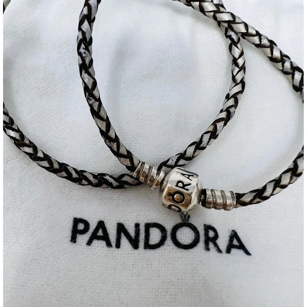 Pandora Sterling Silver Black & Silver Braided Leather Double Wrap Bracelet